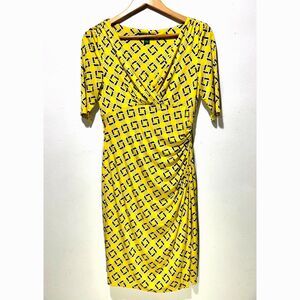 Lauren Ralph lauren wrap dress geometric print yellow business casual women 8